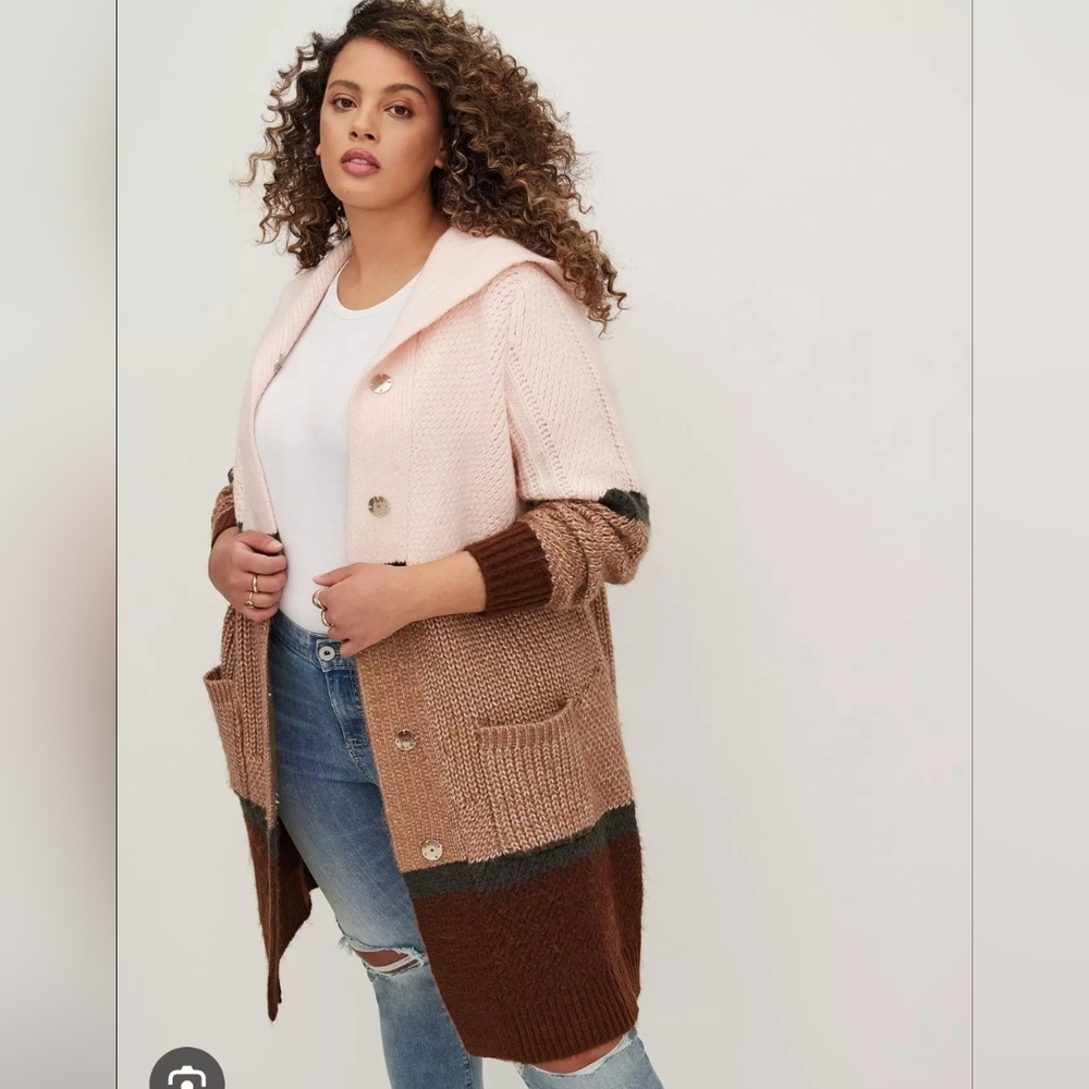 Torrid Sweater Cardigan Longtail Women's Pink and Brown Hooded Size 1X Boho